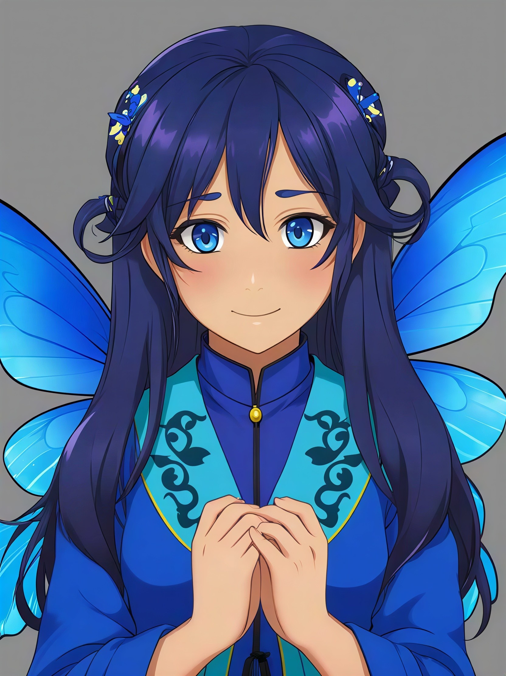 Digital anime character with blue wings and attire