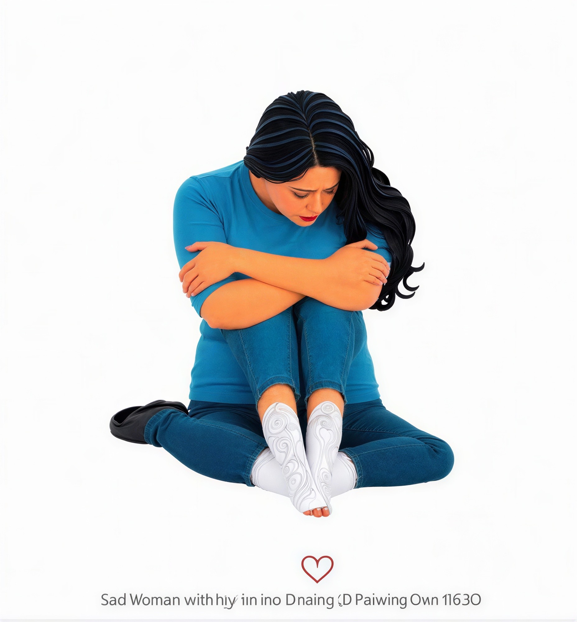 Woman in Blue Outfit with Dark Hair Sitting Calmly