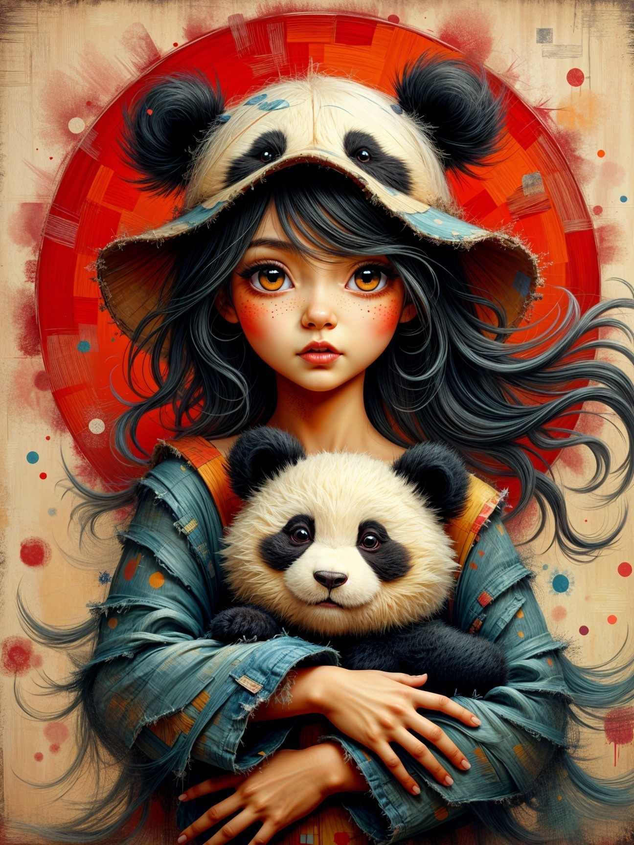 Girl with Panda Hat Holding Baby Panda in Red Circle