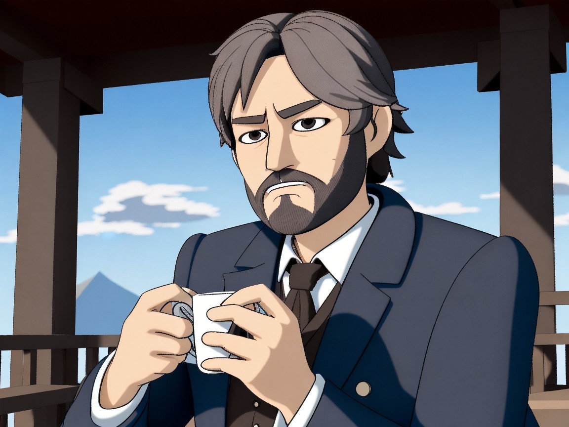 Serious Animated Character on Balcony with Mountains