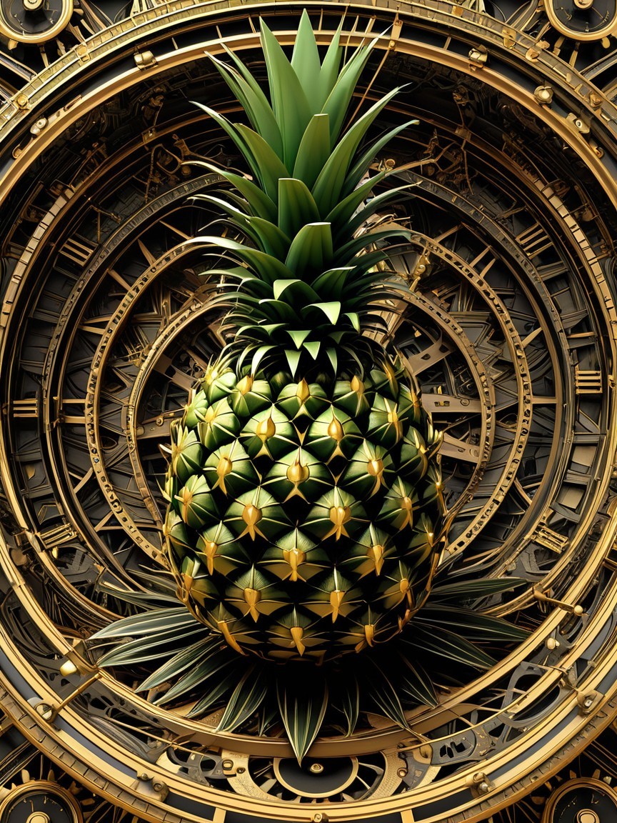 Pineapple Centered in Intricate Golden Clockwork Design