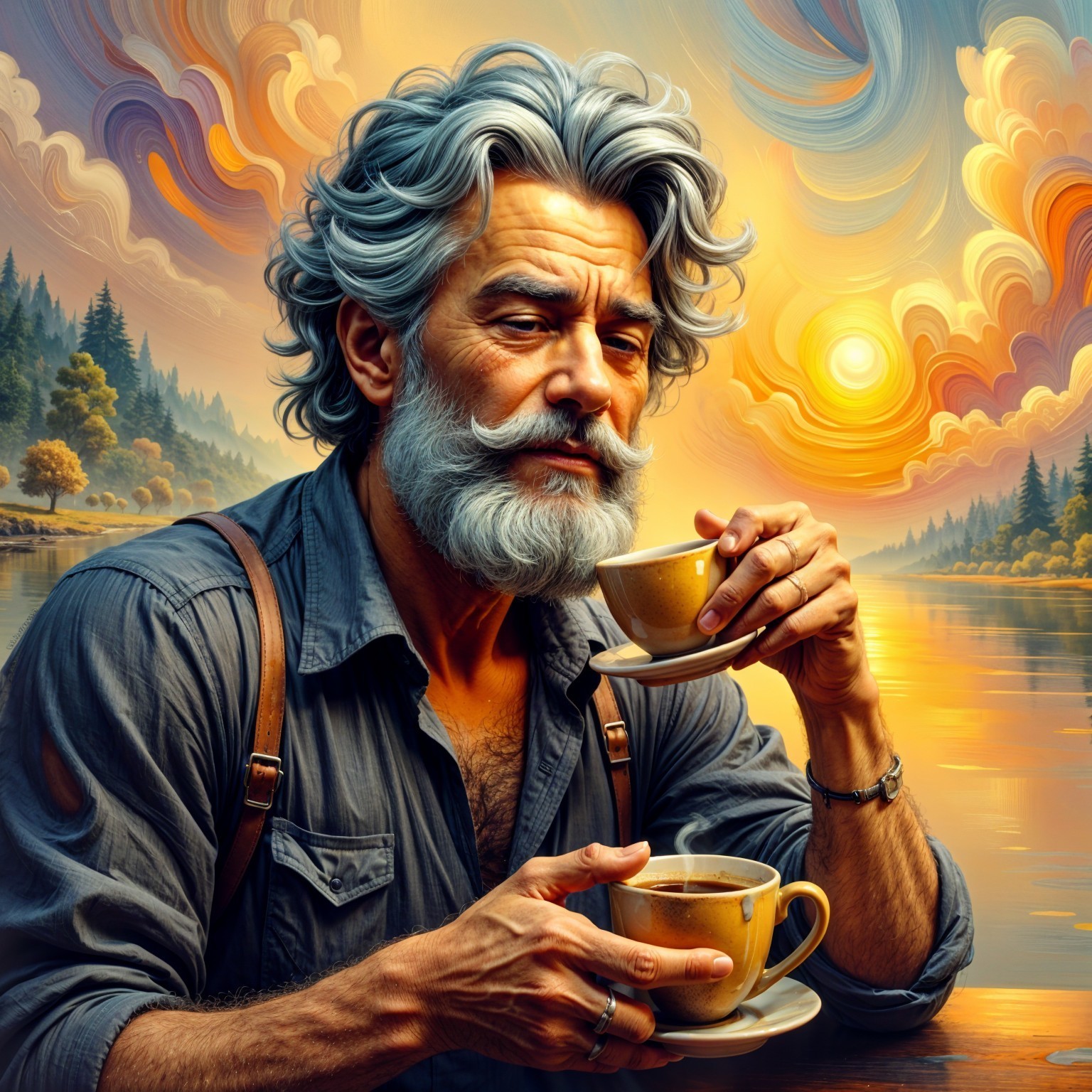 Older Man by Lake at Sunset with Coffee Cups