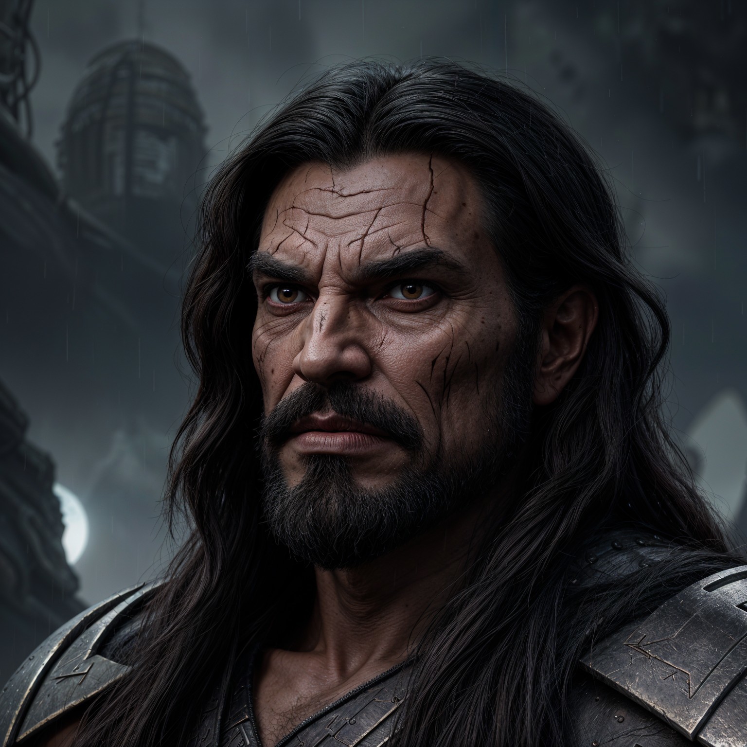 Rugged warrior in dark setting with rain and armor