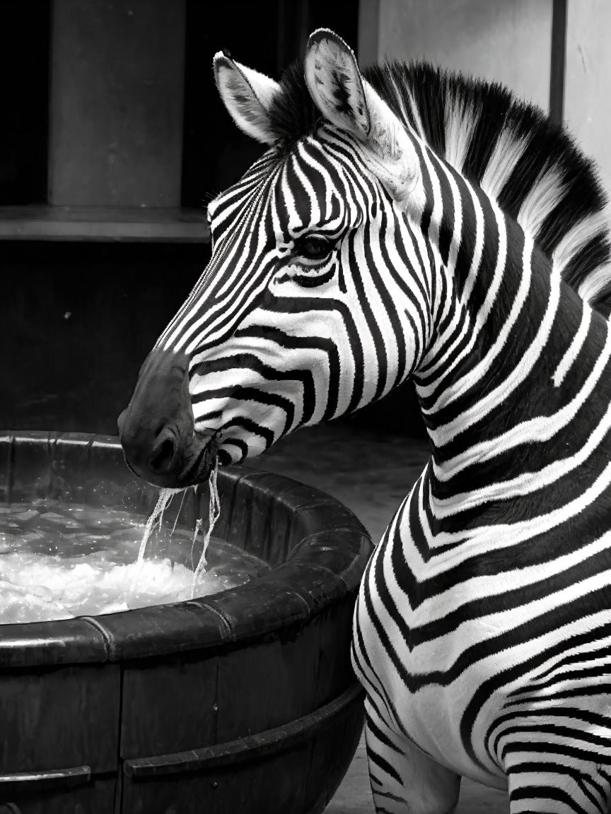 Close-up of a zebra with flowing water and stripes