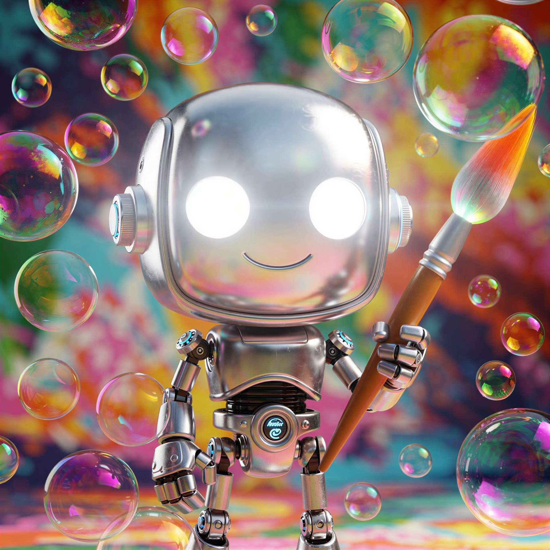 Silver Robot with Paintbrush and Colorful Bubbles