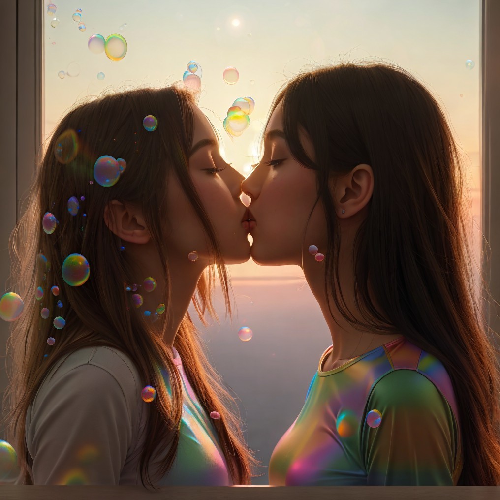 Young women sharing a soft kiss in sunset light