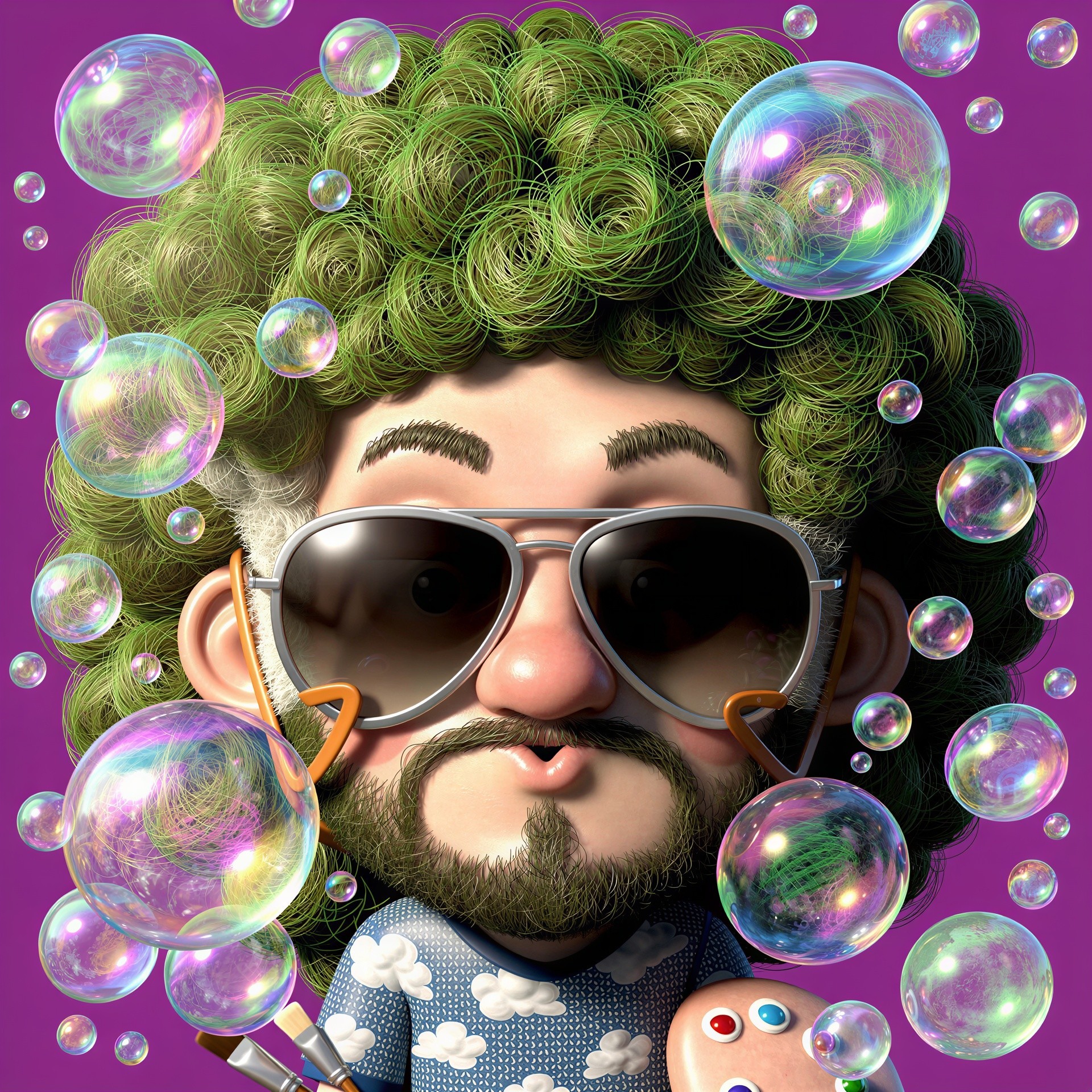 3D Render of Cartoon Man with Paint Palette and Bubbles