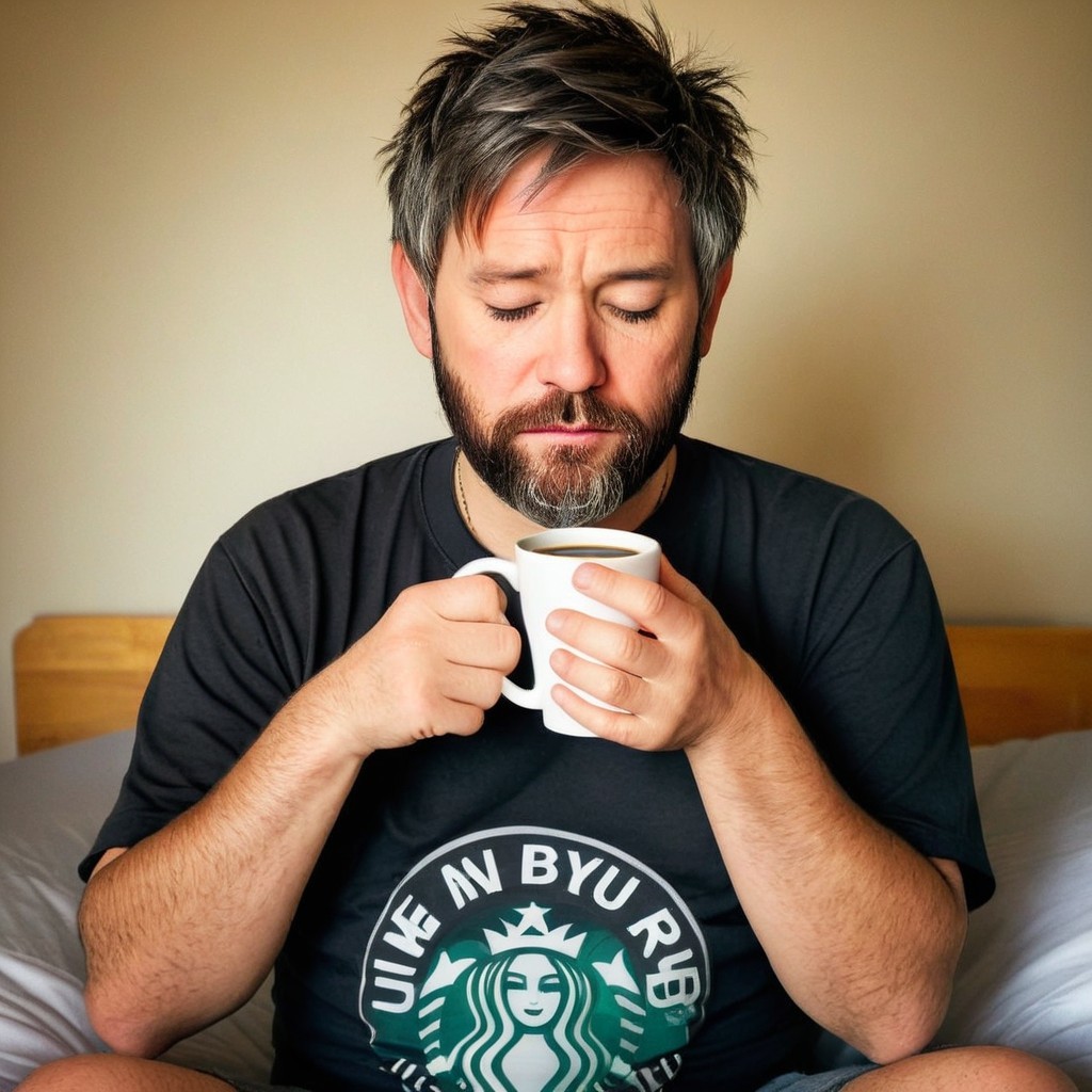 Man Savoring Aroma of Coffee in Cozy Bedroom Setting