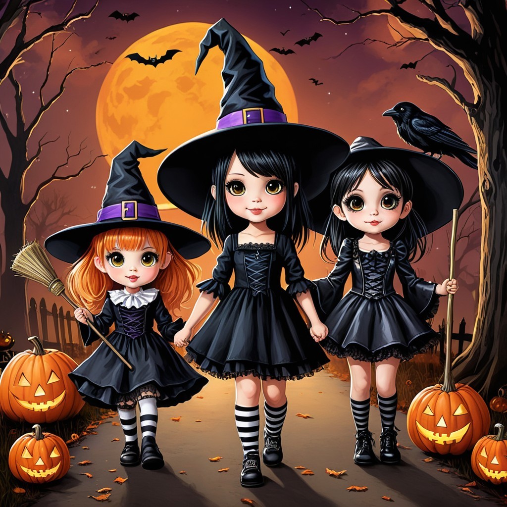 Three Witches on a Moonlit Path with Halloween Decor