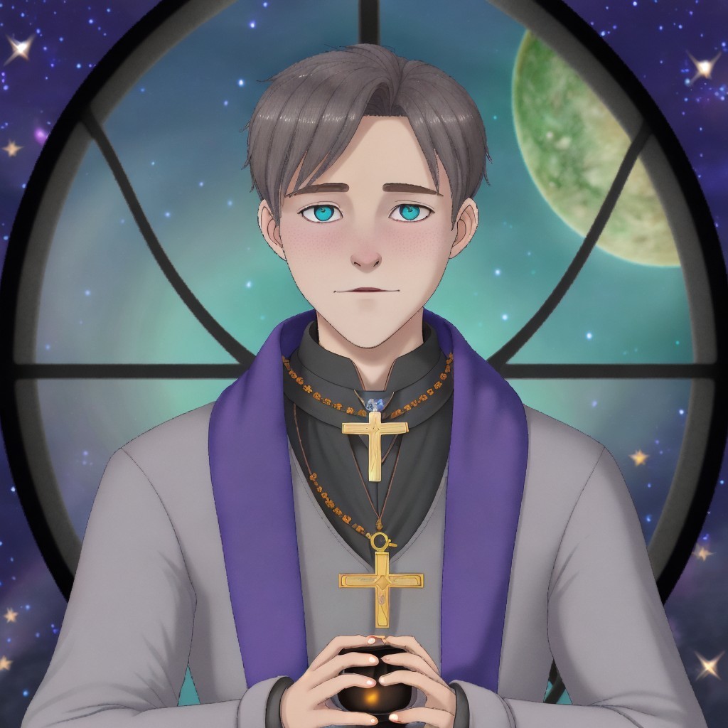 Young man with silver hair in cosmic setting