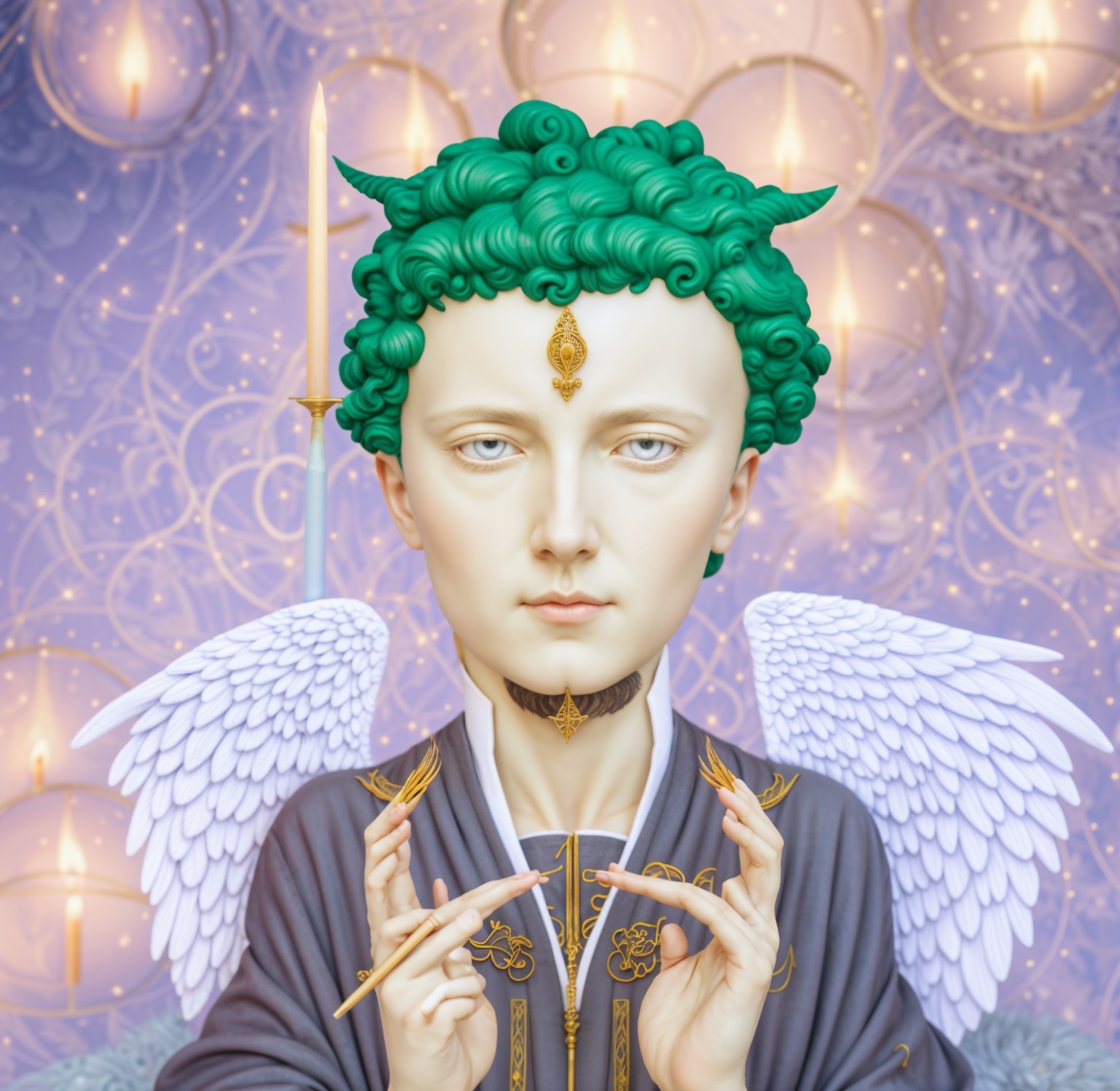 Serene figure with emerald curls and feathered wings