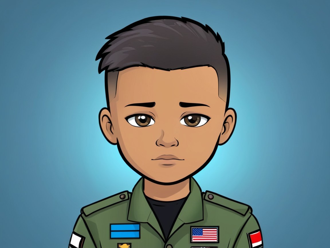 Cartoon Young Boy in Military Uniform with Flags