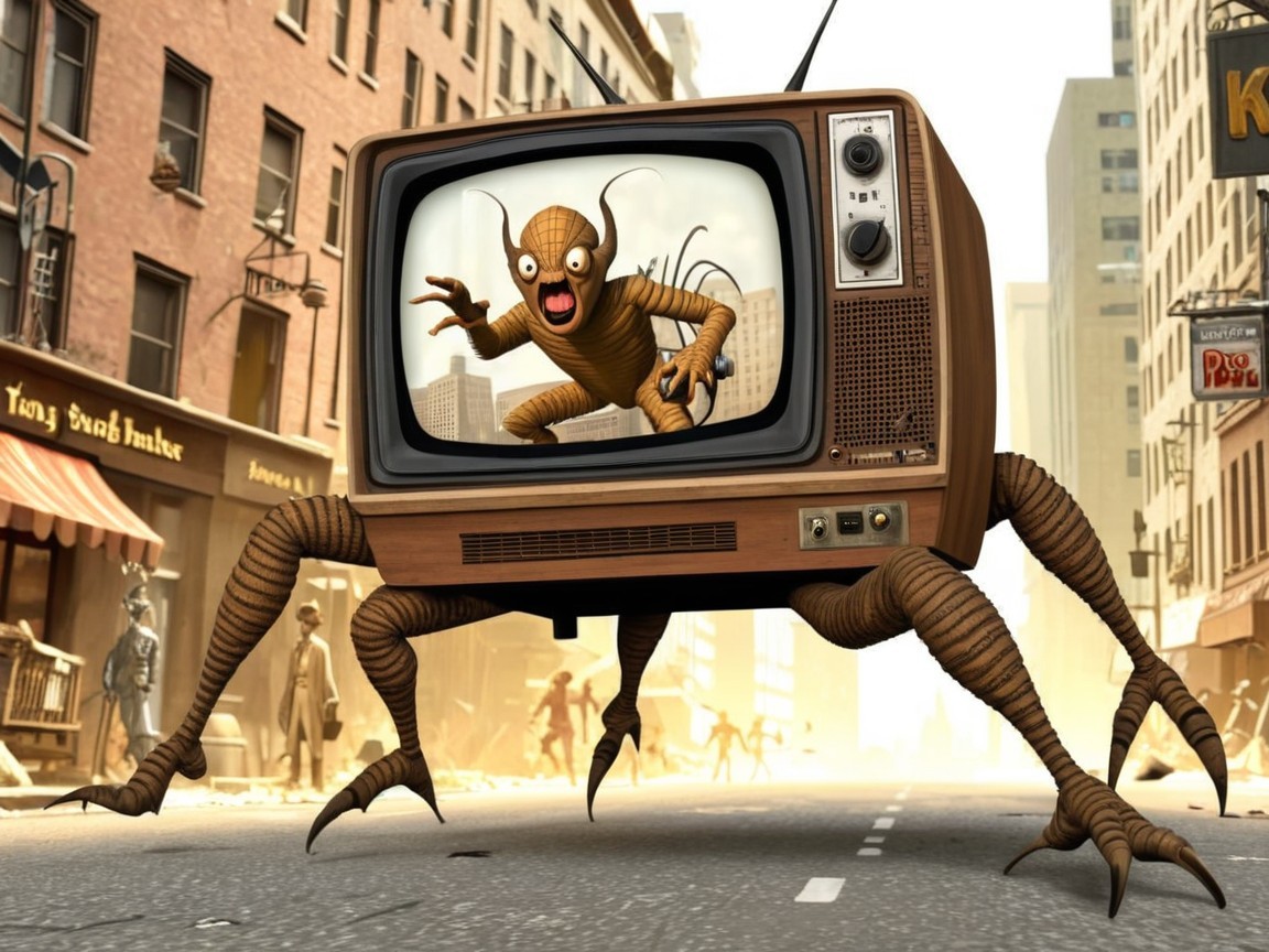 Vintage TV with Spider Legs and Strange Creature Display