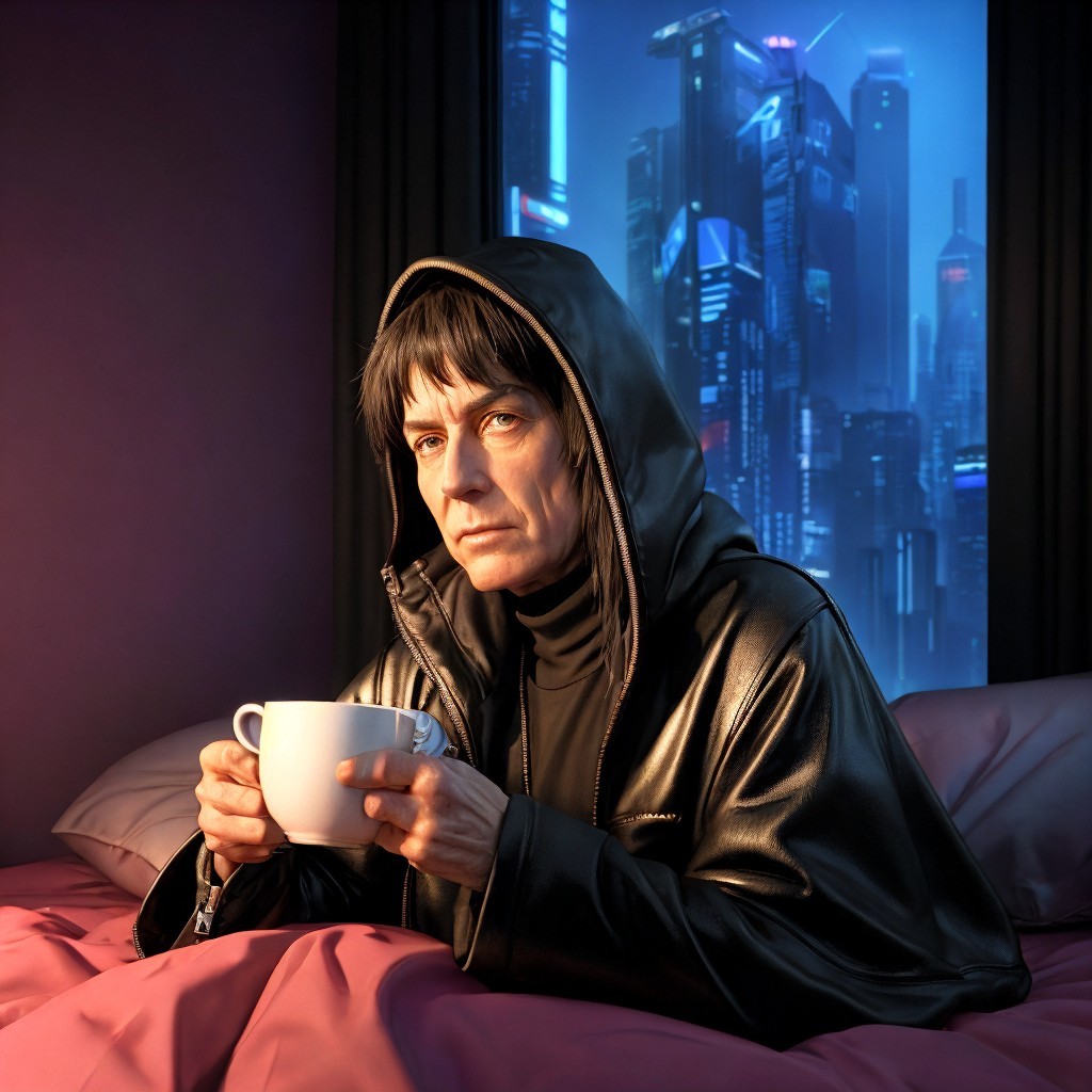 Figure in Black Jacket Contemplating Futuristic City