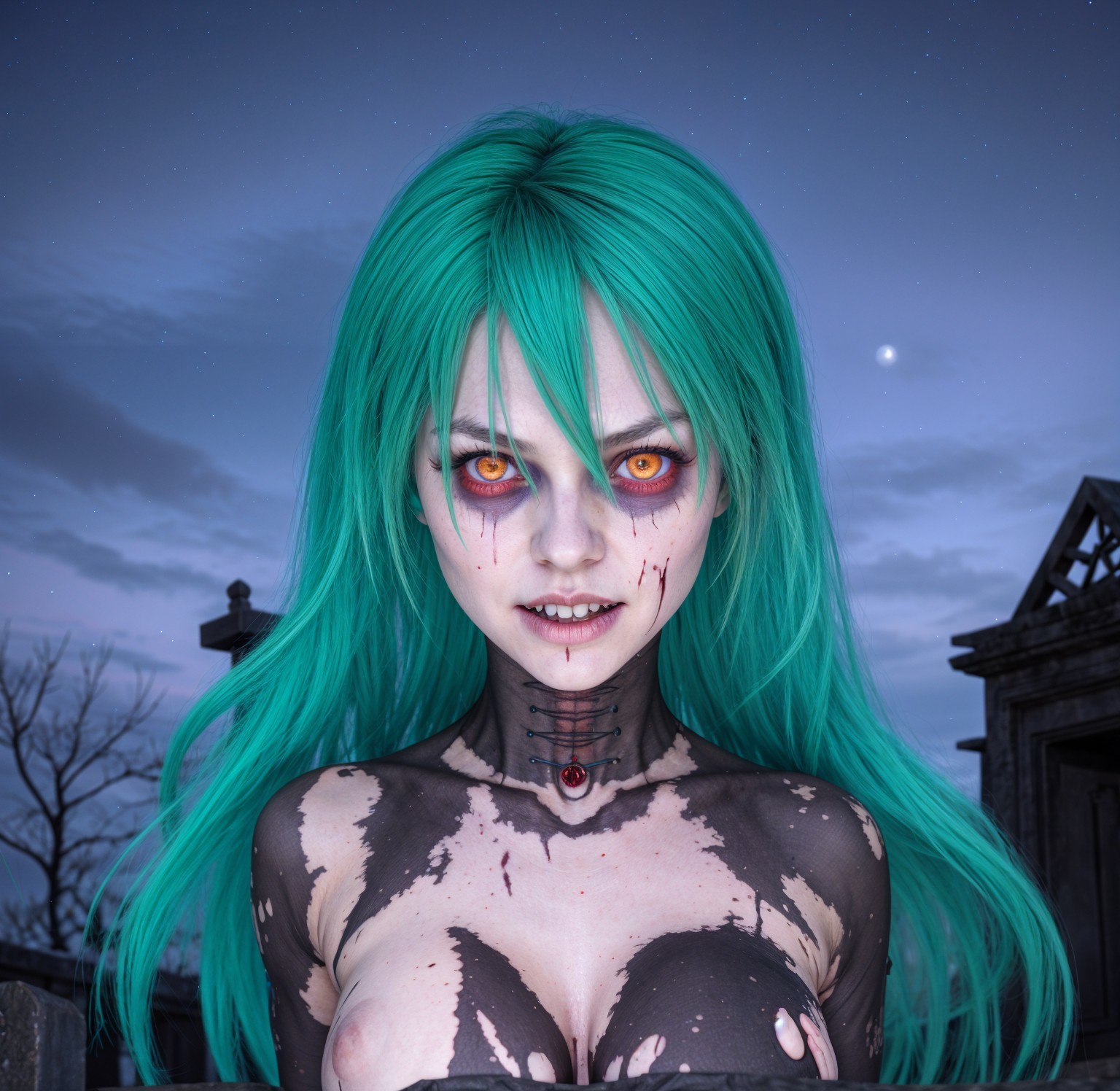 Haunting Character with Green Hair Against Night Sky