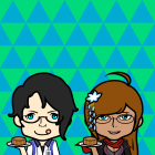 Anime Characters with Brown Hair and Blue Background Triangles