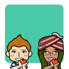 Cartoon Characters with Apples on Teal Background