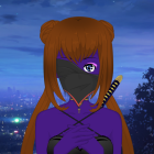 Character with Orange Hair and Pink Eyes in Urban Setting