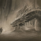 Majestic dragon over rugged landscape at sunset