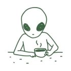 Green-Skinned Alien at Metallic Table with Coffee Drinks