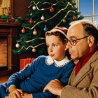 Young girl and man beside Christmas tree and fireplace