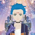 Anime Character Portrait with Spiky Blue Hair and Clock