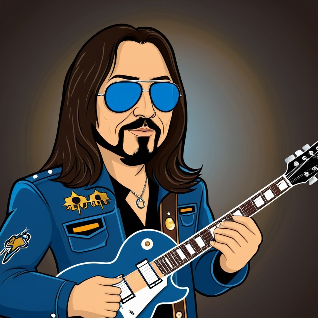 Cartoon Character Playing Blue Electric Guitar in Denim