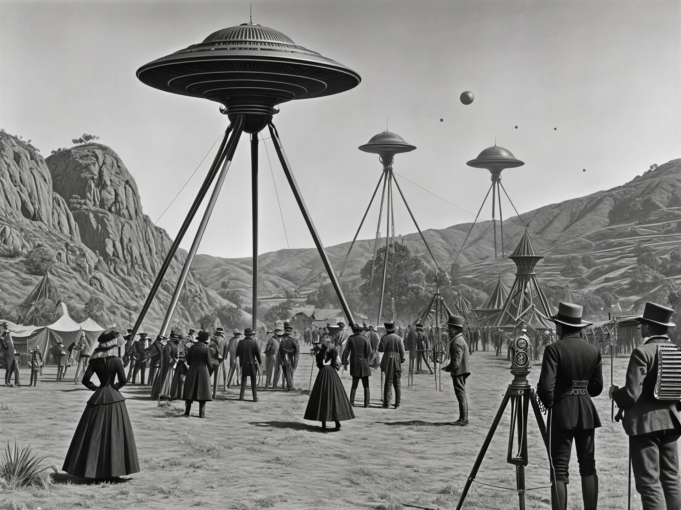 Grayscale Landscape with Futuristic Structures and People