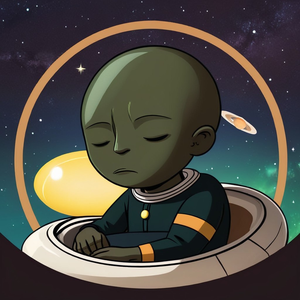 Serene Alien Figure in Circular Spacecraft with Cosmos