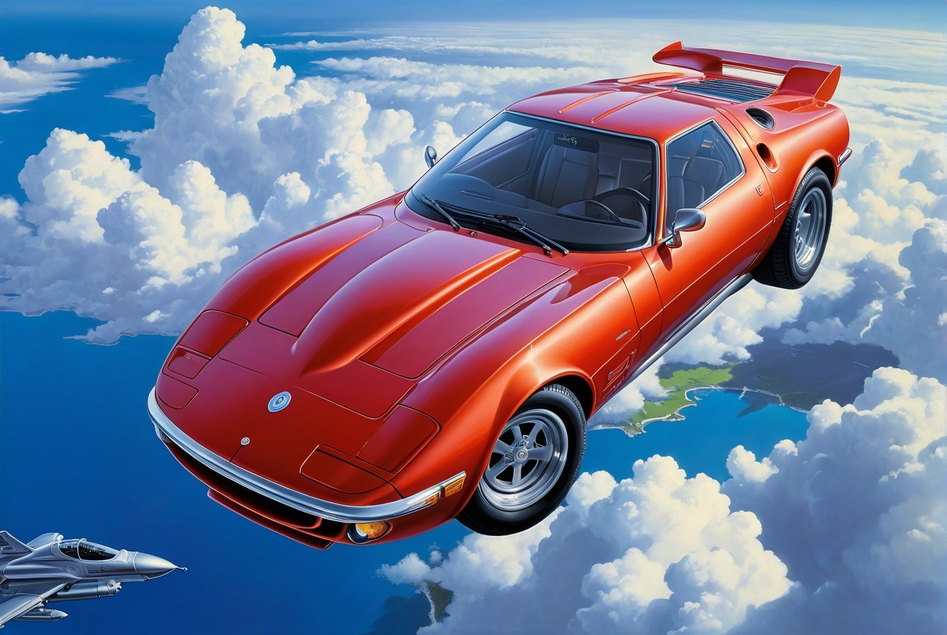 Red Car Under Blue Sky with Fighter Jet Below