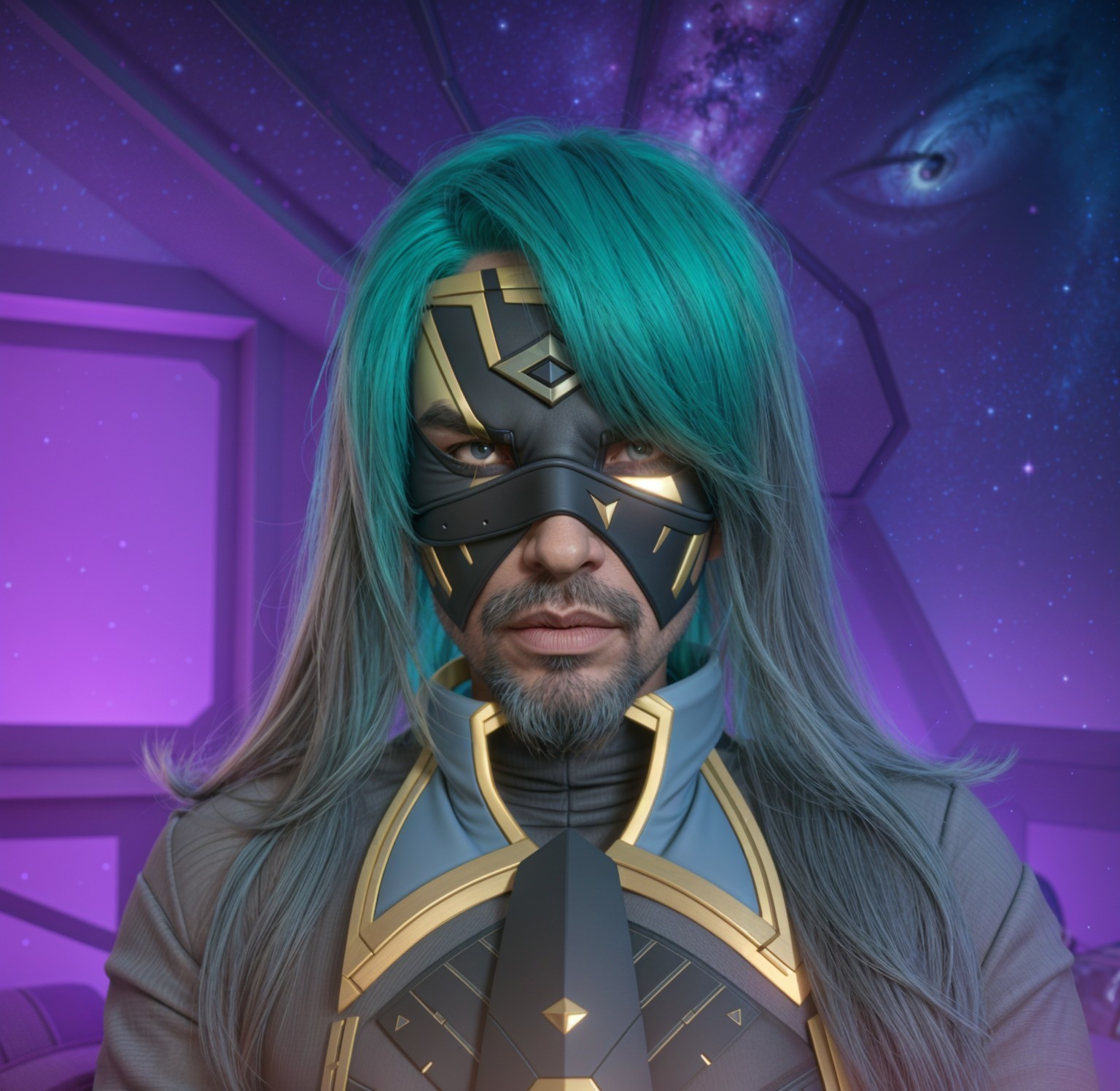 Futuristic Character with Teal Hair and Cosmic Background
