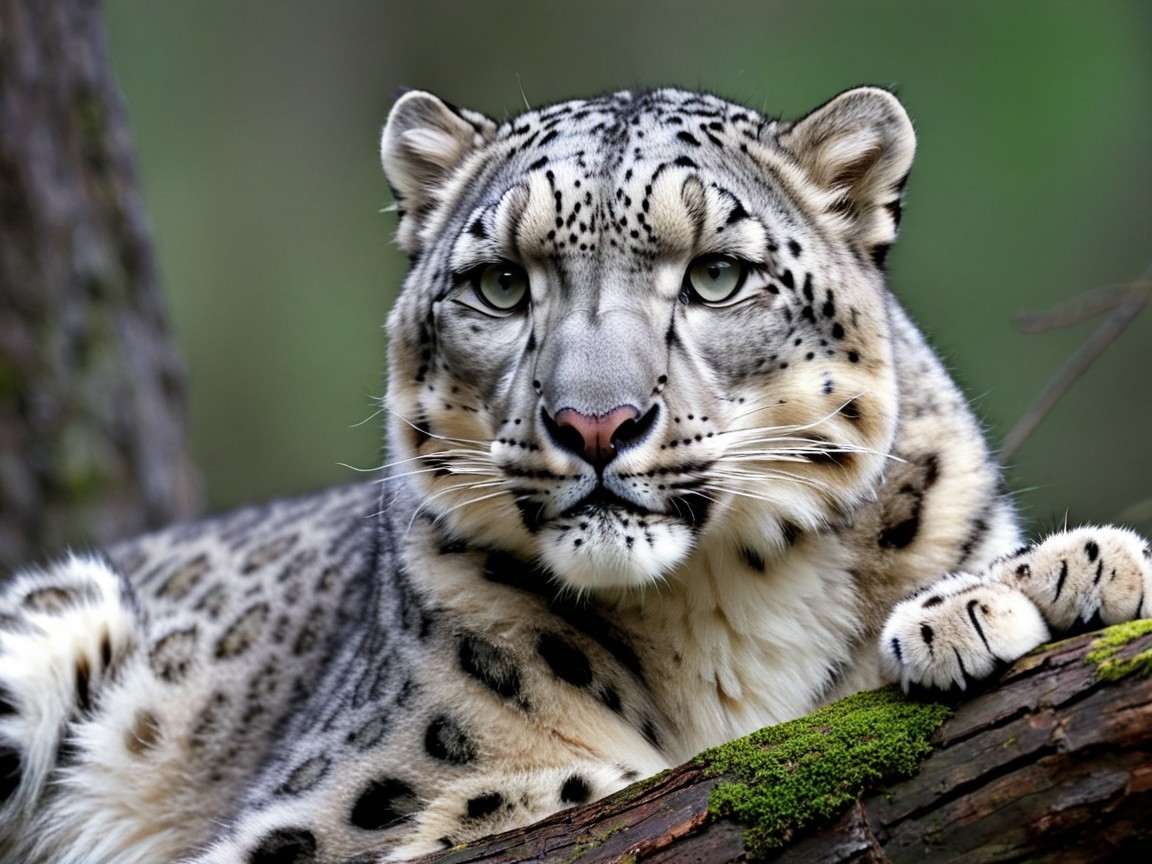 Snow Leopard on Moss-Covered Branch in Forest Setting