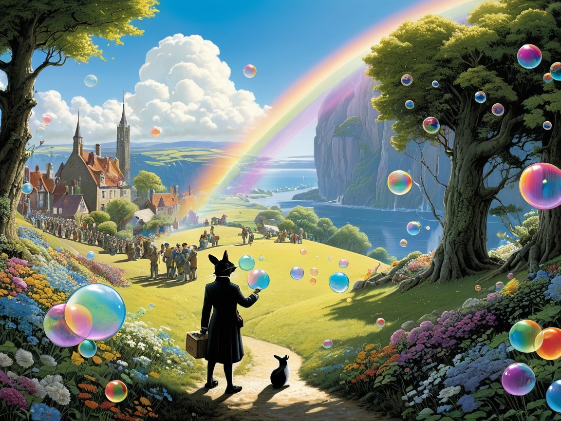 Whimsical Landscape with Flowers, Rainbow, and Lake