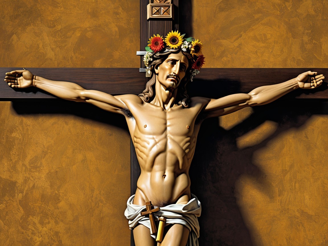 Crucifixion Scene with Sculpted Figure and Floral Crown