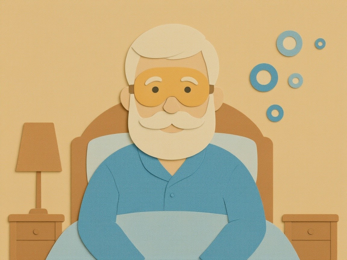 Elderly Man in Cozy Bedroom Illustration with Colorful Accents