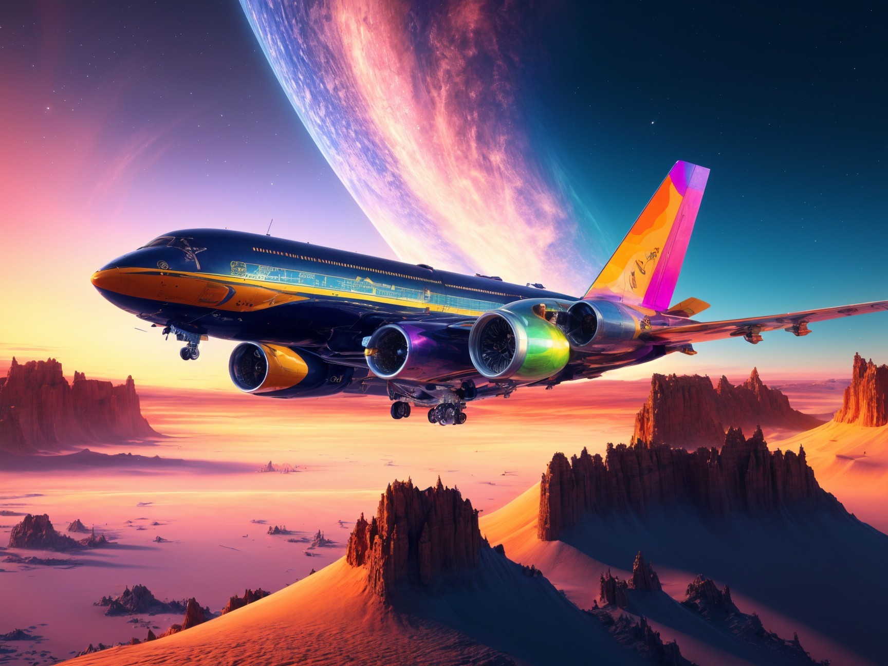 Futuristic Airplane in Surreal Vibrant Landscape