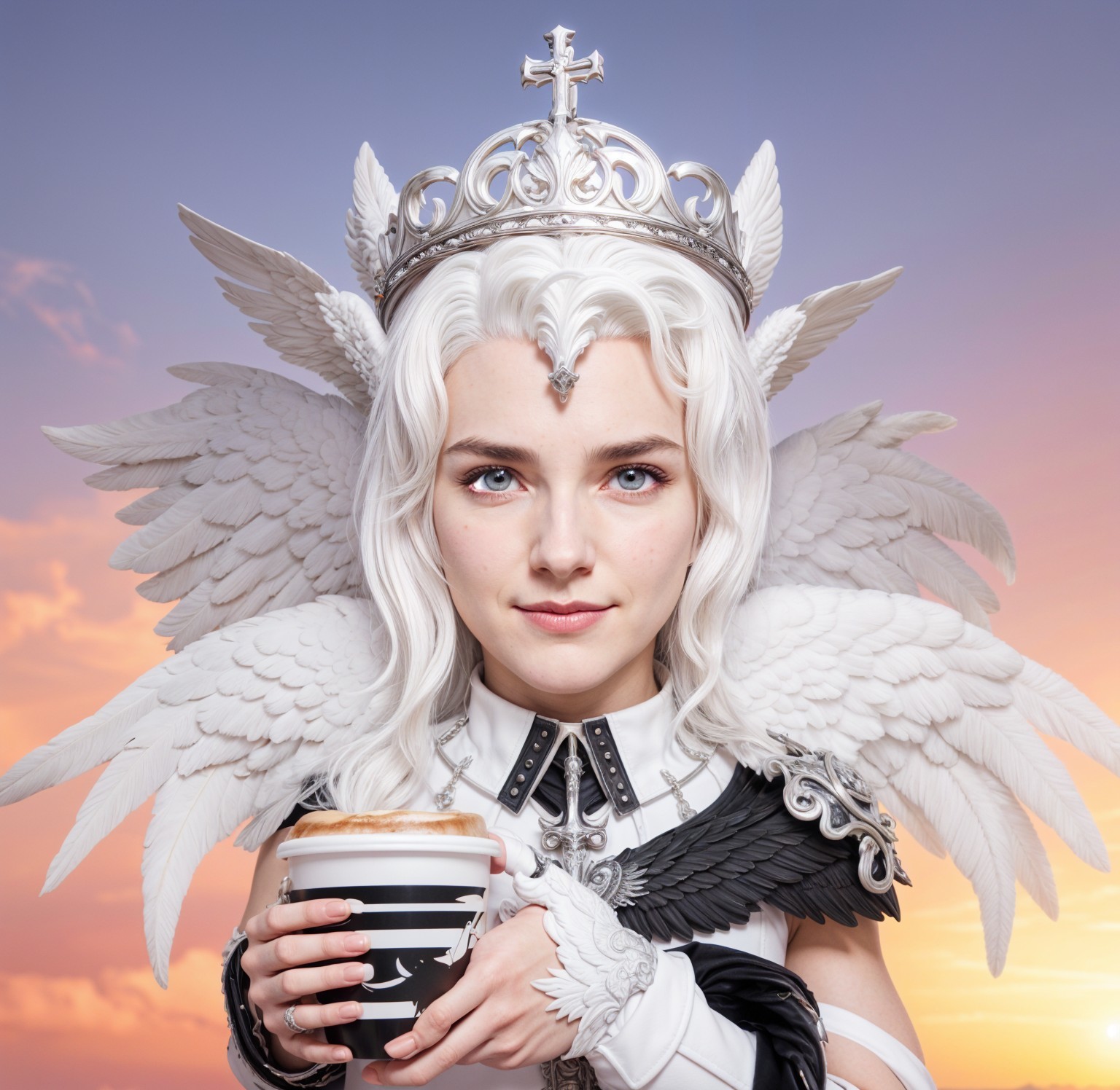 Ethereal Woman with Wings and Regal Crown at Sunset