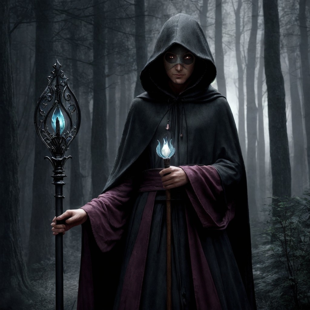 Cloaked Figure in Misty Forest with Glowing Staff and Flame