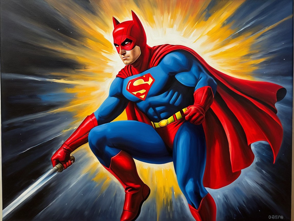 Heroic figure in vibrant blue and red costume with sword