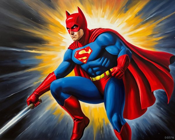 Heroic figure in vibrant blue and red costume with sword