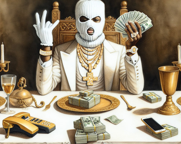 Lavish Dining Table with Figure in White Ski Mask