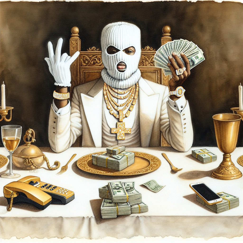 Lavish Dining Table with Figure in White Ski Mask