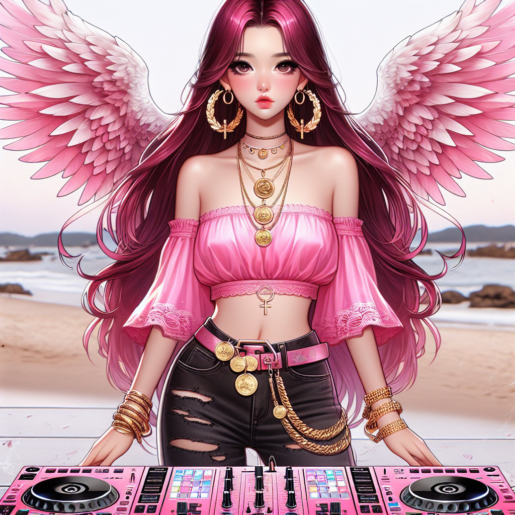 Stylish woman with pink hair and wings at DJ set