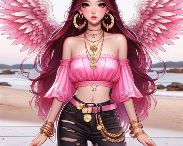 Stylish woman with pink hair and wings at DJ set