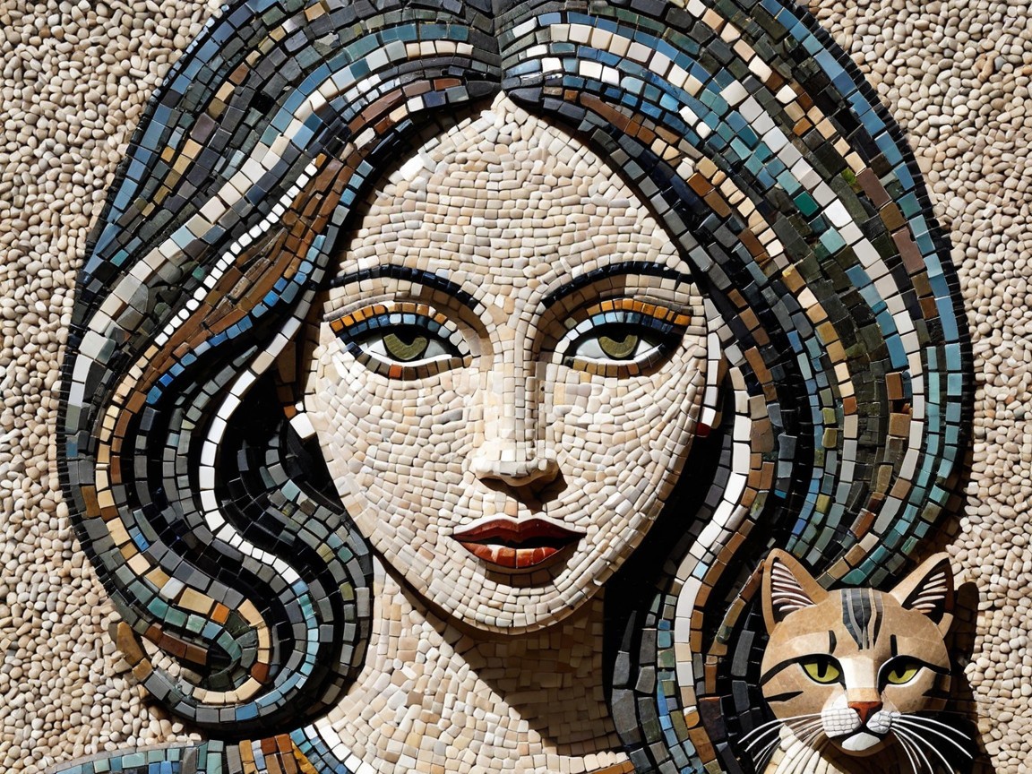 Mosaic Art of Woman with Cat and Green Eyes