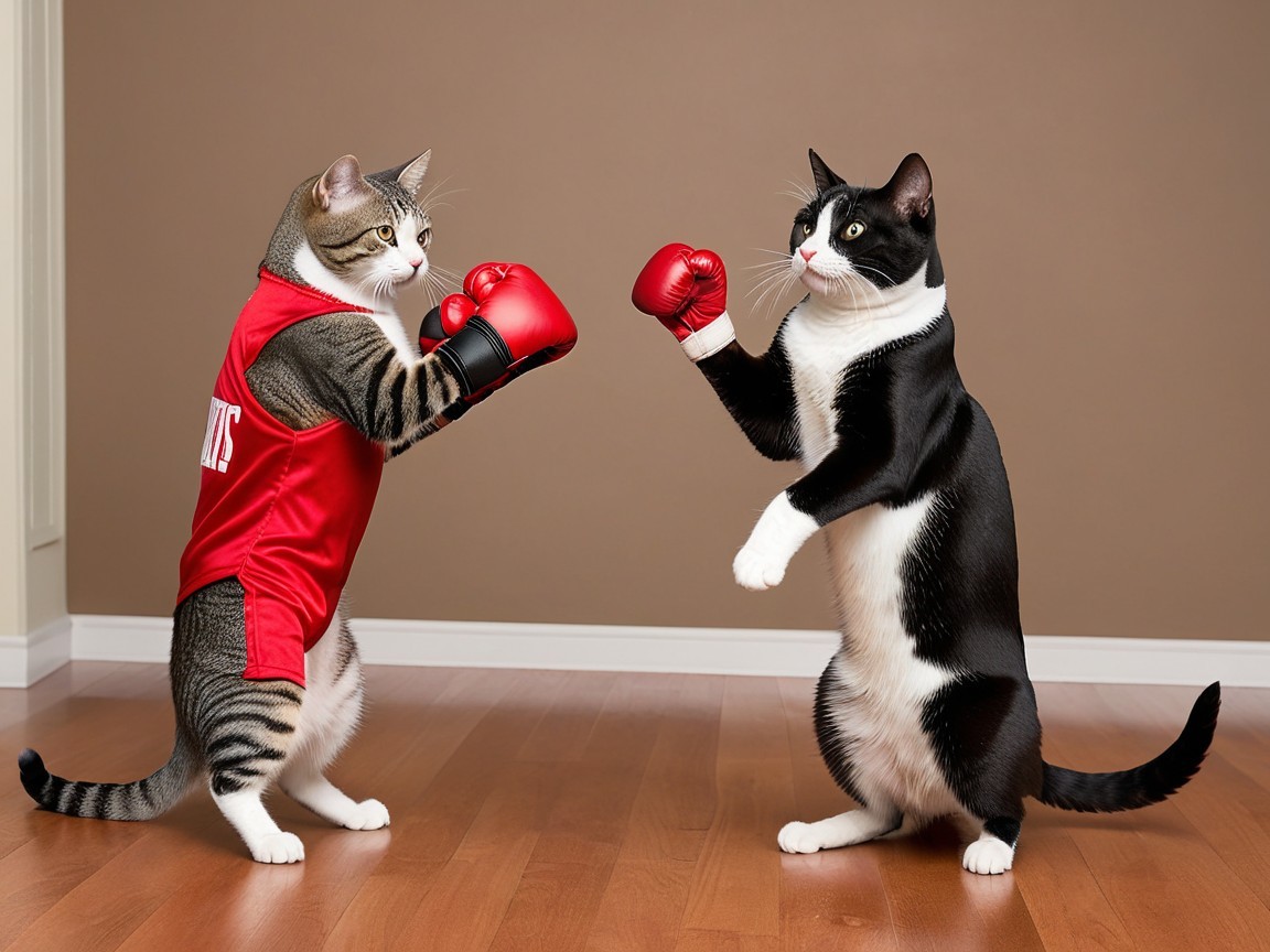 Cats in Playful Boxing Match with Red Gear