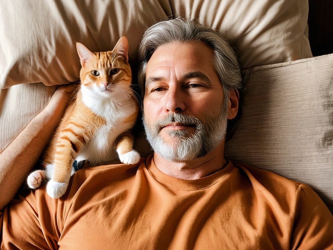 Relaxed man and orange tabby cat on a bed