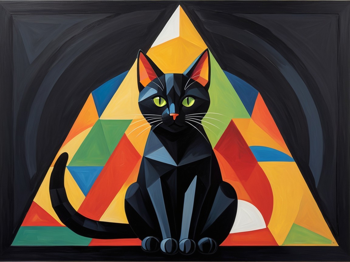 Abstract Painting of Black Cat with Geometric Shapes