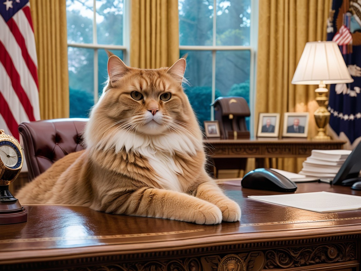 Fluffy Orange and White Cat in Elegant Office Setting