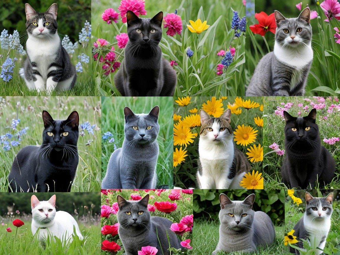 Collage of Cats Among Vibrant Garden Flowers